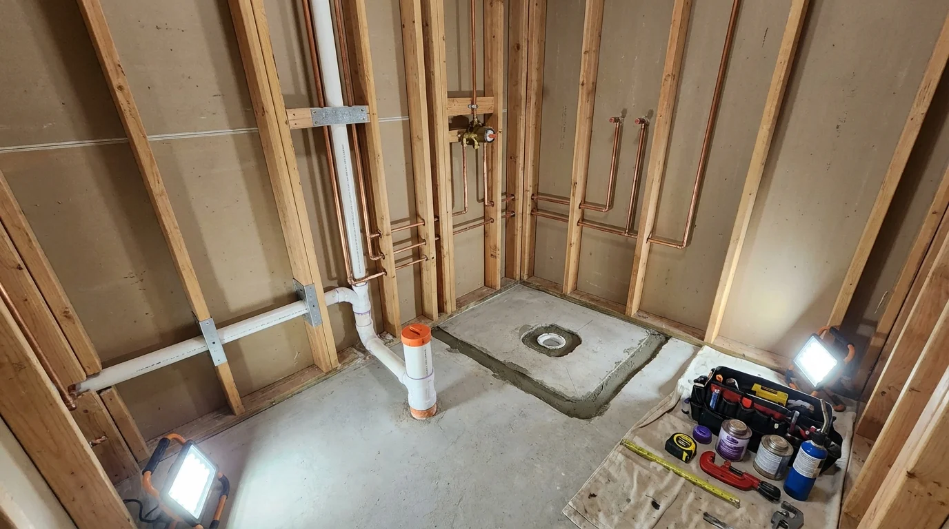 Bathroom rough-in plumbing during remodel by Johns Plumbing LLC in Canadian