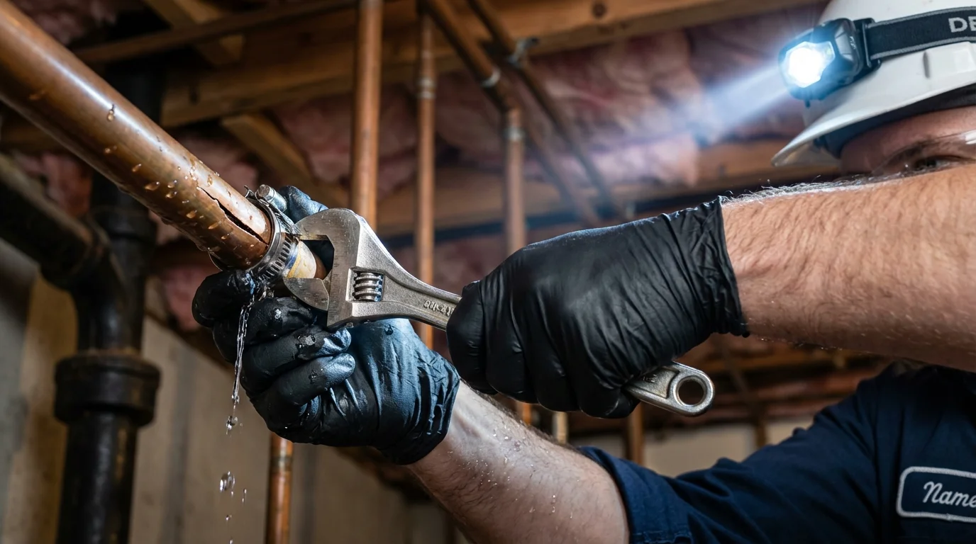 Emergency pipe clamp repair being performed by a Johns Plumbing LLC plumber in Canadian
