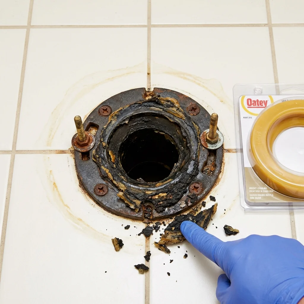 Failed wax ring showing water seepage at the base of a toilet in a Canadian, TX home