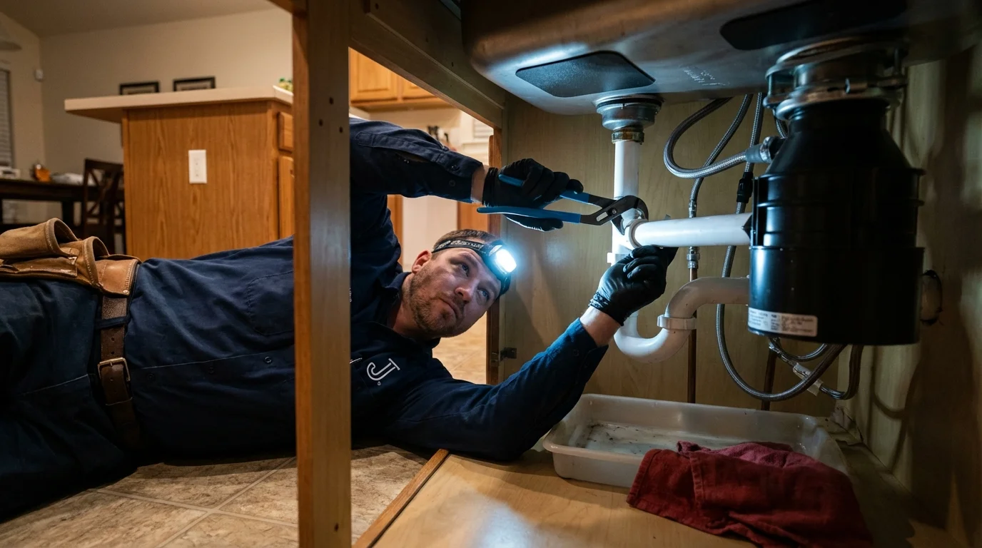 P-trap and supply line connections under a kitchen sink showing a common leak point in Canadian, TX